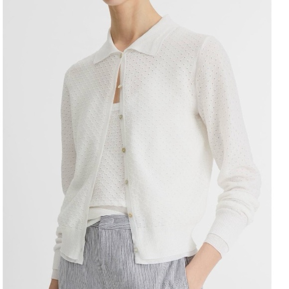 VINCE Women Italian Cotton-Blend Mesh Double Layer Cardigan White Sz M Collared - Picture 2 of 8